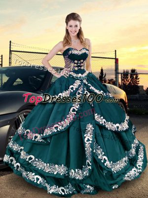Teal Lace Up Sweet 16 Quinceanera Dress Embroidery and Ruffled Layers Sleeveless Floor Length