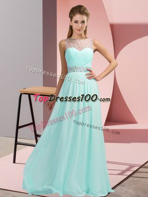 Simple Light Blue Sleeveless Beading Floor Length Prom Dress