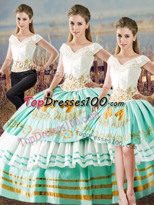 Adorable Satin V-neck Sleeveless Lace Up Embroidery and Ruffled Layers Sweet 16 Dresses in Apple Green