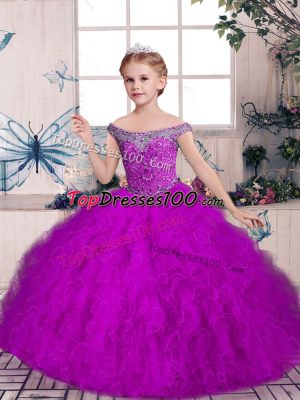 Sleeveless Tulle Floor Length Lace Up Pageant Dress for Girls in Purple with Beading and Ruffles