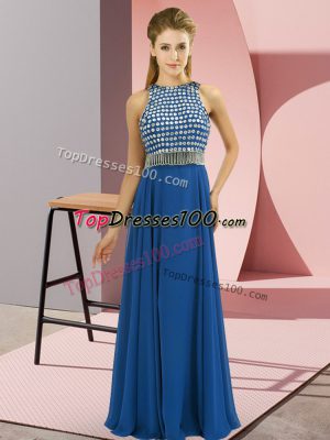 Modest Blue Chiffon Side Zipper Scoop Sleeveless Floor Length Formal Evening Gowns Beading
