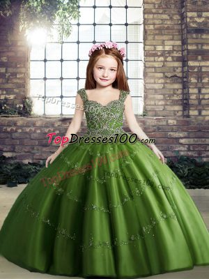 Green Tulle Lace Up Pageant Dress Toddler Sleeveless Floor Length Beading