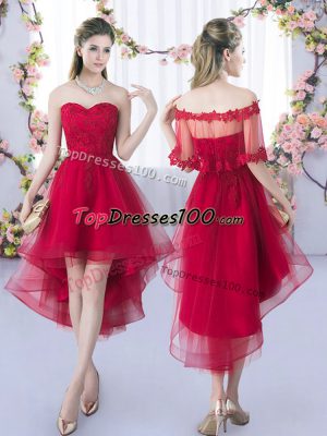 Customized Wine Red Tulle Lace Up Bridesmaid Dresses Sleeveless High Low Lace