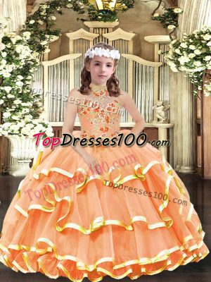 Sleeveless Organza Floor Length Lace Up Little Girl Pageant Gowns in Orange with Appliques and Ruffled Layers