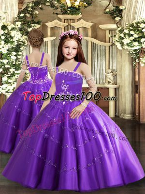 Purple Ball Gowns Beading and Ruffled Layers Little Girl Pageant Dress Lace Up Tulle Sleeveless Floor Length
