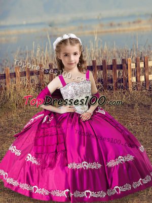 Attractive Hot Pink Satin Lace Up Kids Formal Wear Sleeveless Floor Length Beading and Embroidery