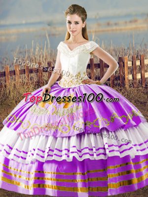 Lilac V-neck Neckline Embroidery and Ruffled Layers Quinceanera Dresses Sleeveless Lace Up