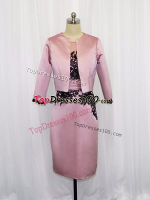 Pink Column/Sheath Satin Scoop Long Sleeves Lace and Appliques Mini Length Zipper Homecoming Dress