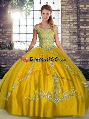 Gold Ball Gowns Tulle Off The Shoulder Sleeveless Beading and Embroidery Floor Length Lace Up Quinceanera Dresses