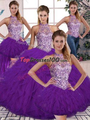 Excellent Tulle Sleeveless Floor Length Sweet 16 Dress and Beading and Ruffles