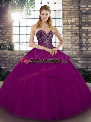 Lovely Tulle Sweetheart Sleeveless Lace Up Beading and Appliques Sweet 16 Dress in Fuchsia