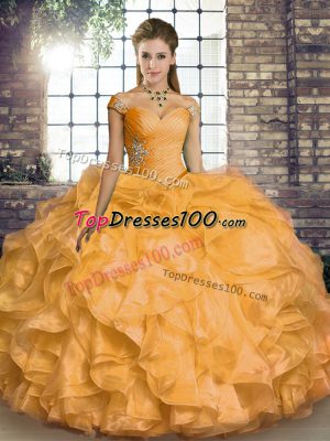 Best Selling Ball Gowns Sweet 16 Quinceanera Dress Gold Off The Shoulder Organza Sleeveless Floor Length Lace Up