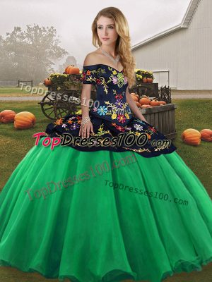 Turquoise Tulle Lace Up Ball Gown Prom Dress Sleeveless Floor Length Embroidery