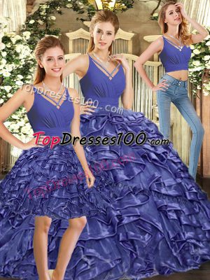 Modern Lavender Organza Backless V-neck Sleeveless Floor Length Ball Gown Prom Dress Brush Train Ruffles