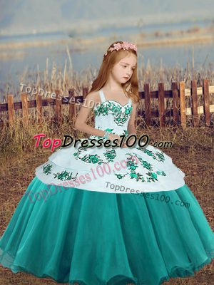 Embroidery High School Pageant Dress Teal Lace Up Sleeveless Floor Length