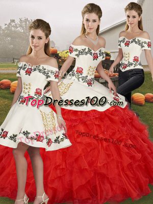 Spectacular White And Red Lace Up Off The Shoulder Embroidery and Ruffles Quinceanera Dress Organza Sleeveless
