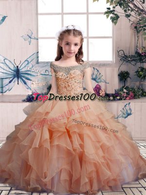 Exquisite Peach Kids Pageant Dress Party and Sweet 16 and Wedding Party with Beading and Ruffles Scoop Sleeveless Lace Up