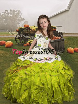 Olive Green Straps Neckline Embroidery and Ruffles Little Girl Pageant Dress Sleeveless Lace Up