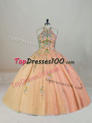 Perfect Peach Halter Top Neckline Appliques and Embroidery 15 Quinceanera Dress Sleeveless Lace Up