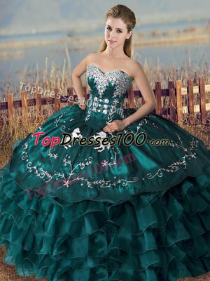 Super Sleeveless Floor Length Embroidery and Ruffles Lace Up 15 Quinceanera Dress with Peacock Green