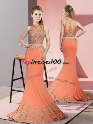 Romantic Orange Red Zipper Beading and Appliques Sleeveless Sweep Train