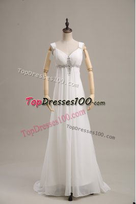White Straps Lace Up Beading Evening Dress Brush Train Sleeveless