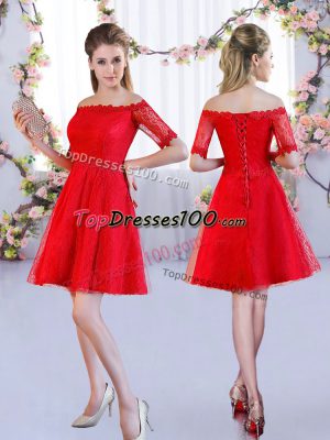 Red Lace Lace Up Off The Shoulder Half Sleeves Mini Length Dama Dress Lace