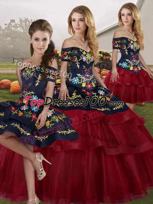Lovely Lace Up Sweet 16 Dress Wine Red for Military Ball and Sweet 16 and Quinceanera with Embroidery and Ruffled Layers Brush Train
