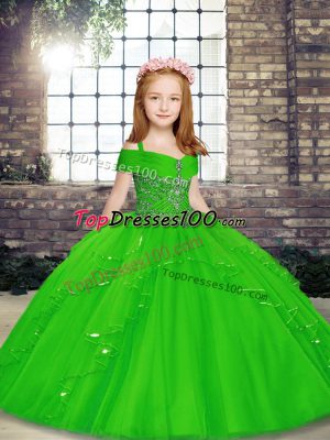 Green Tulle Lace Up Straps Sleeveless Floor Length Girls Pageant Dresses Beading