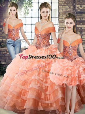 Modern Beading and Ruffled Layers Sweet 16 Dress Peach Lace Up Sleeveless Brush Train