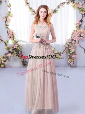 Pink Empire Lace and Belt Dama Dress for Quinceanera Side Zipper Tulle Sleeveless Floor Length
