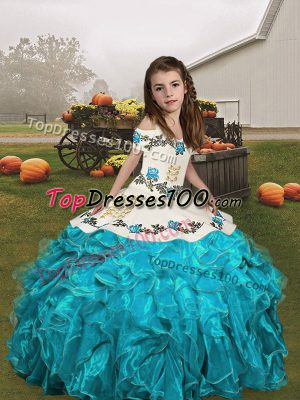 Luxurious Straps Sleeveless Girls Pageant Dresses Floor Length Embroidery and Ruffles Aqua Blue Organza