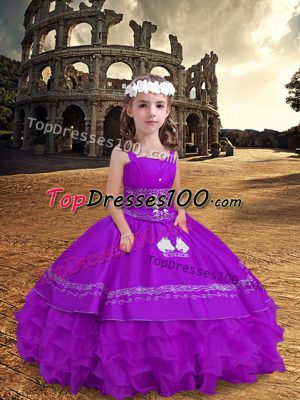 Eye-catching Floor Length Purple Little Girl Pageant Gowns Satin and Organza Sleeveless Embroidery and Ruffled Layers