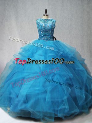 Aqua Blue Sweet 16 Quinceanera Dress Scoop Sleeveless Brush Train Lace Up