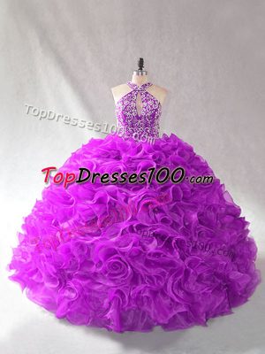 Unique Floor Length Lace Up 15 Quinceanera Dress Purple for Sweet 16 and Quinceanera with Beading