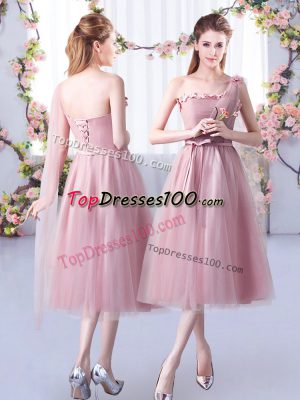 Pink Empire Tulle One Shoulder Sleeveless Appliques and Belt Tea Length Lace Up Bridesmaid Gown