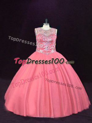 Superior Ball Gowns Quinceanera Dress Pink Scoop Tulle Sleeveless Floor Length Lace Up