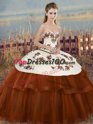 Perfect Tulle Sweetheart Sleeveless Lace Up Embroidery and Bowknot Quinceanera Dresses in Brown