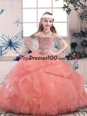 Admirable Watermelon Red Sleeveless Floor Length Beading and Ruffles Lace Up Kids Formal Wear