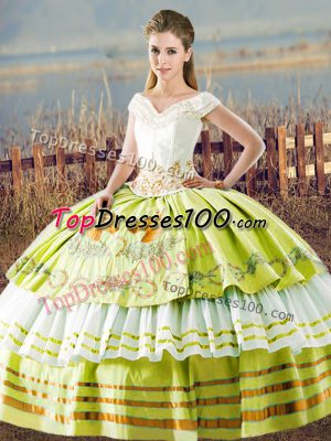 Stylish Yellow Green Satin Lace Up Sweet 16 Dress Sleeveless Floor Length Embroidery and Ruffled Layers