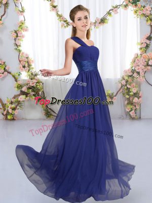 Royal Blue Sleeveless Floor Length Ruching Lace Up Dama Dress for Quinceanera