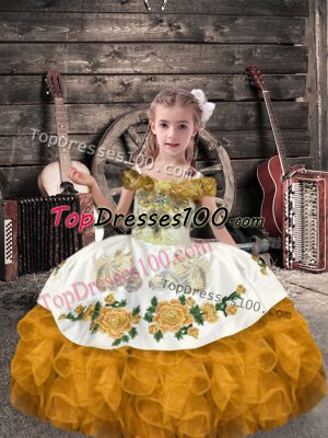 Gold Off The Shoulder Neckline Beading and Embroidery and Ruffles Pageant Dress for Teens Sleeveless Lace Up