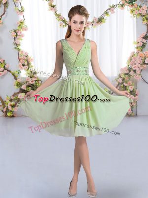 V-neck Sleeveless Quinceanera Court of Honor Dress Knee Length Beading Yellow Green Chiffon