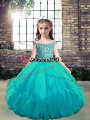 Sleeveless Tulle Floor Length Lace Up Little Girls Pageant Dress in Aqua Blue with Beading