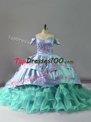 Sleeveless Chapel Train Embroidery and Ruffles Lace Up Quinceanera Dress