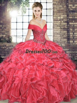 Customized Coral Red Sleeveless Organza Lace Up 15th Birthday Dress for Military Ball and Sweet 16 and Quinceanera