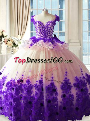 Flare Scoop Sleeveless Tulle Quinceanera Dresses Hand Made Flower Brush Train Zipper