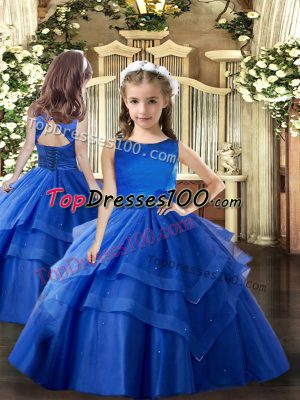 Royal Blue Sleeveless Ruffled Layers Floor Length Little Girl Pageant Gowns