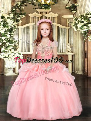 Nice Floor Length Ball Gowns Sleeveless Pink Little Girls Pageant Gowns Lace Up
