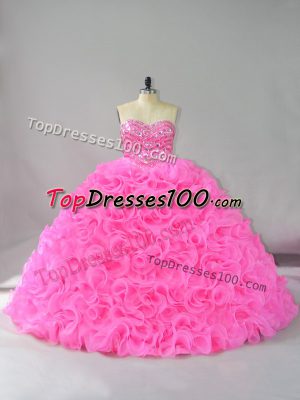 Beading and Ruffles Quince Ball Gowns Hot Pink Lace Up Sleeveless Floor Length